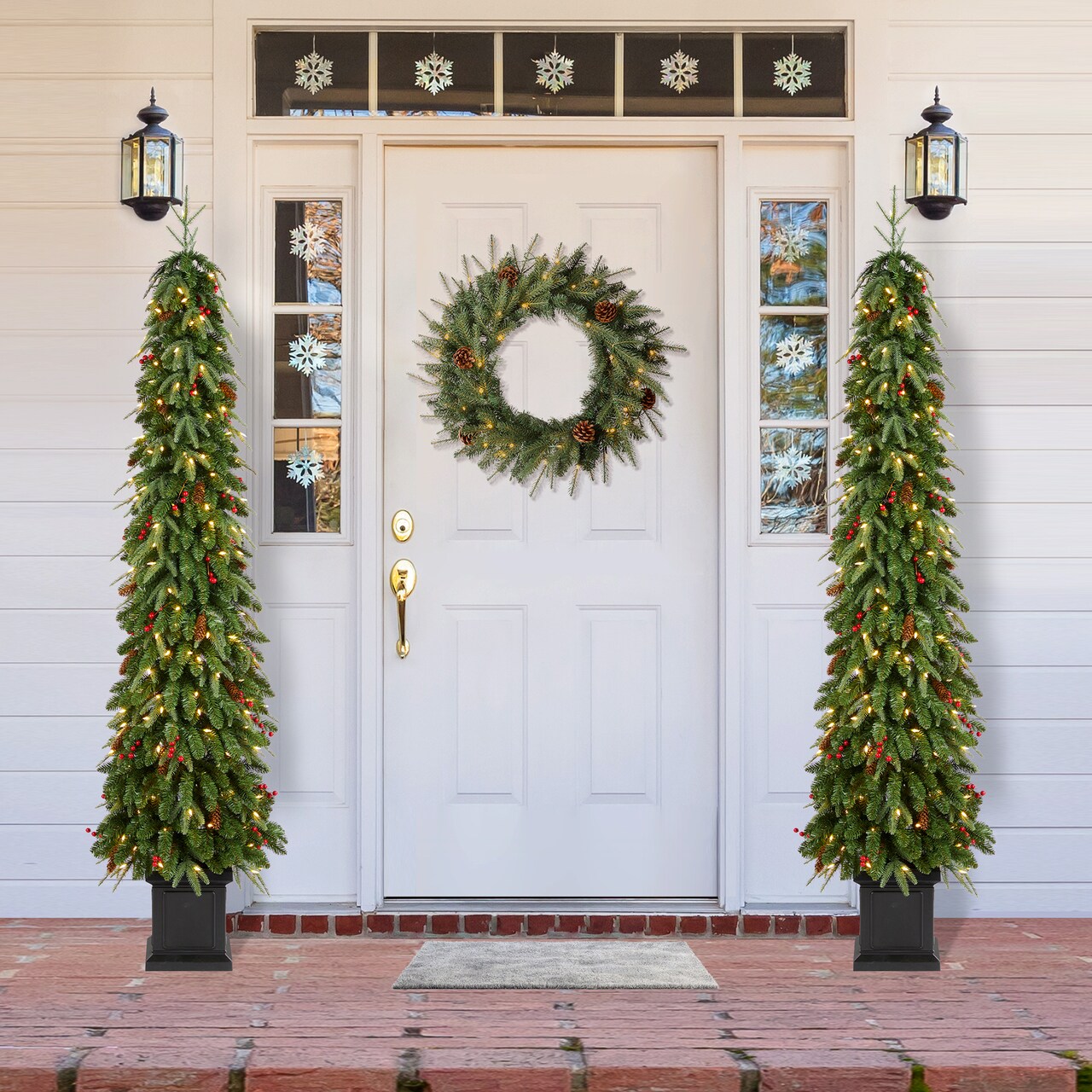Set of 2/3 4/6/7FT Green Artificial Christmas Porch Tree with red berries,pinecones and warm white lights,3 function w/Foot Pedal